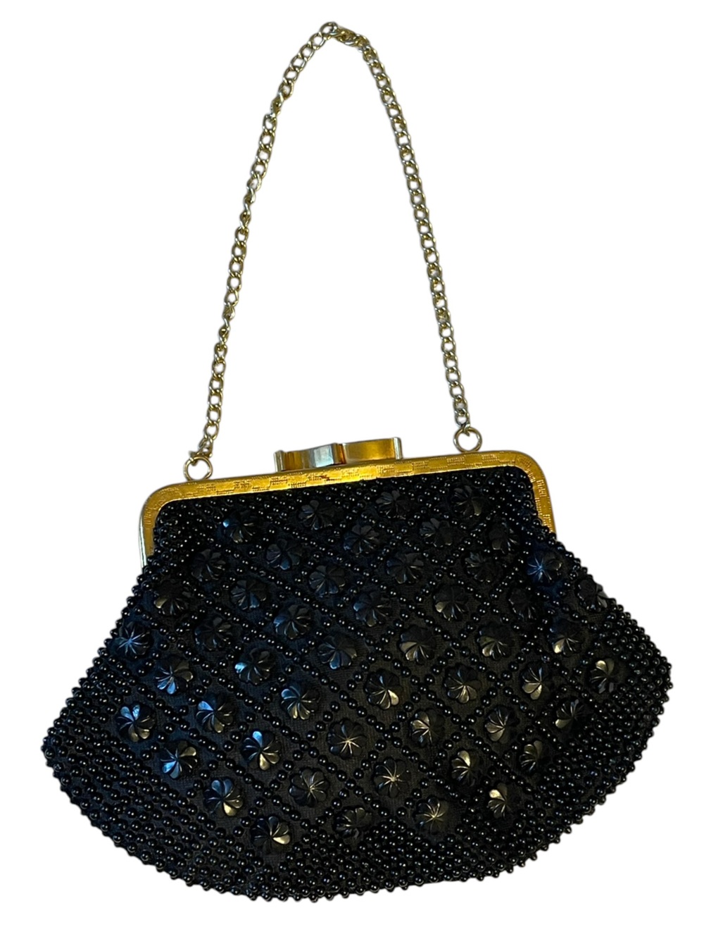 1950’s Handmade in Hong Kong Black Beaded Kiss-Lock Clutch Purse - Picture 3 of 12